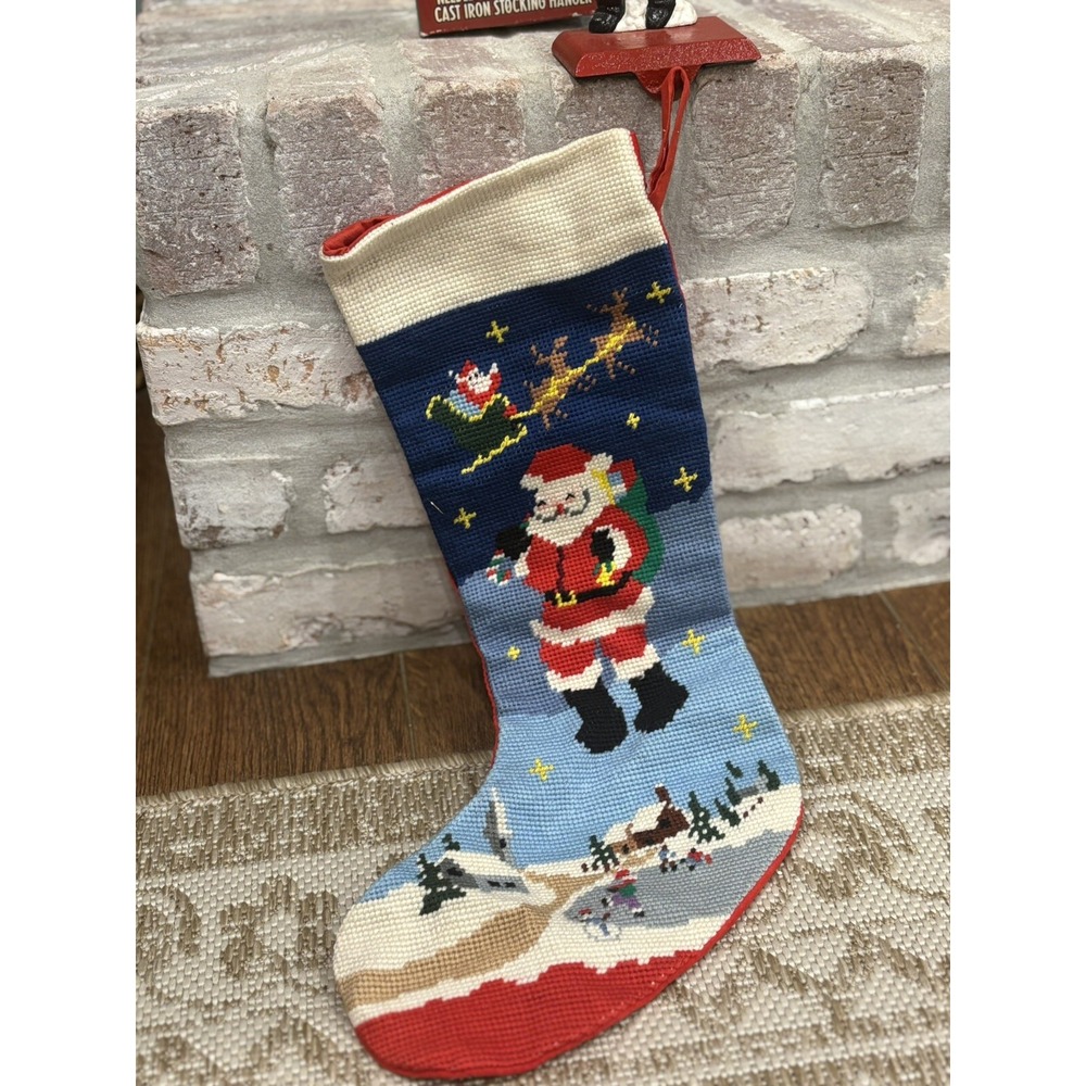 Big Arrow Co Christmas Stocking Needlepoint Santa Claus Stocking & Holder